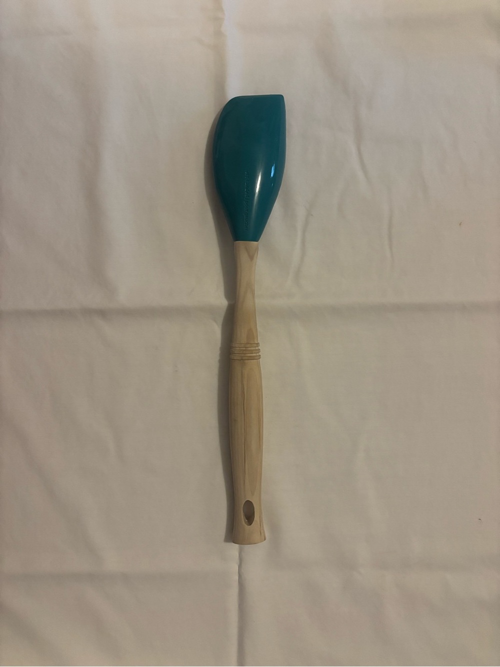 Le Creuset Teal Silicone Left Handed Wooden Handle Spatula